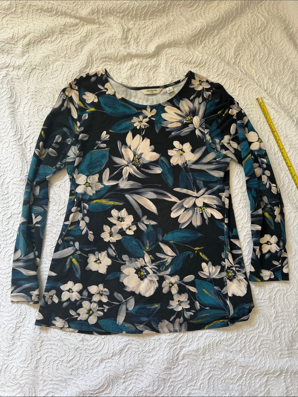 Liz Claiborne Black Floral Long-Sleeve Top with Teal Leaves